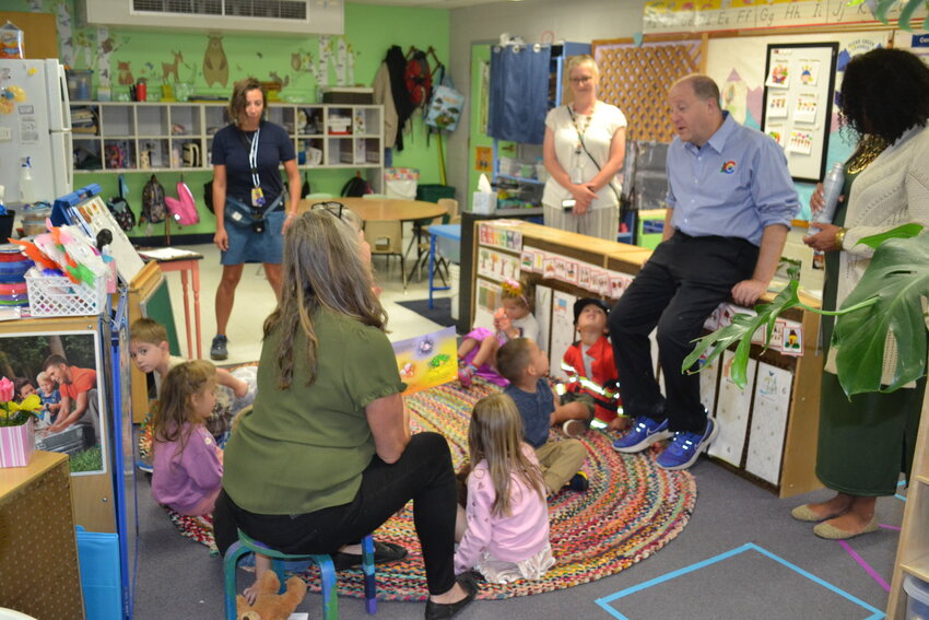 Gov. Jared Polis speaks at a preschool class at Carlson Elementary in Idaho Springs on Aug.23.
